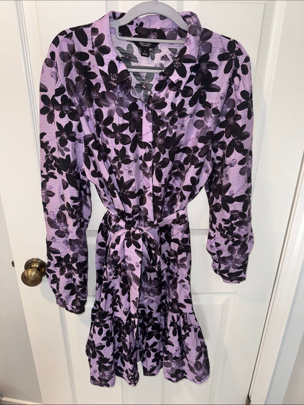 Simply Vera Purple & Black Floral Tie-Waist Long Sleeve Dress Size Large
